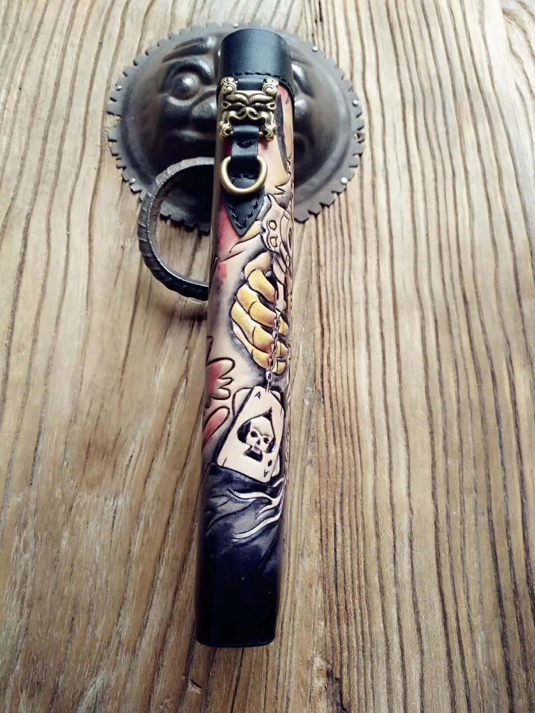 Handmade Leather Mens Clutch Wallet Cool Skull Ghost Rider Tooled Chain Wallet Biker Wallets for Men