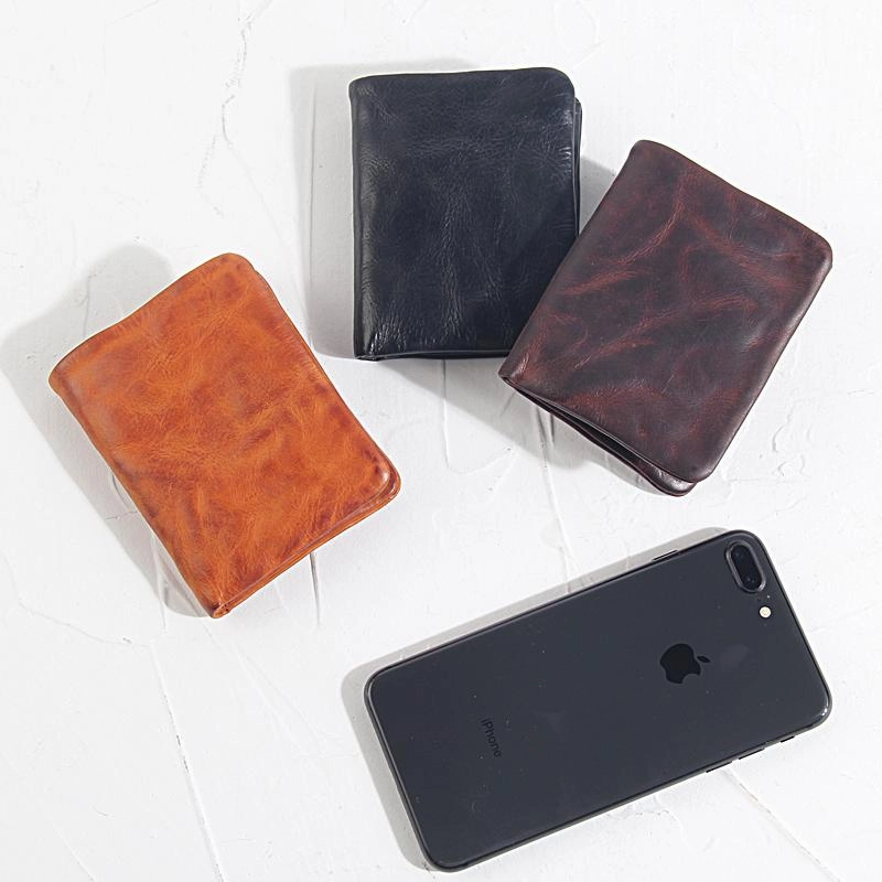Handmade Leather Mens Cool Black billfold Wallets Small Wallet Men Bifold Wallets Front Pocket Wallet for Men