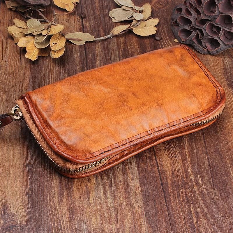 Handmade Leather Mens Cool Black Long Leather Wallet Brown Zipper Clutch Wallet Phone Bag for Men