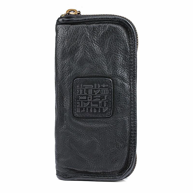 Handmade Leather Mens Cool Black Long Leather Wallet Brown Zipper Clutch Wallet Phone Bag for Men