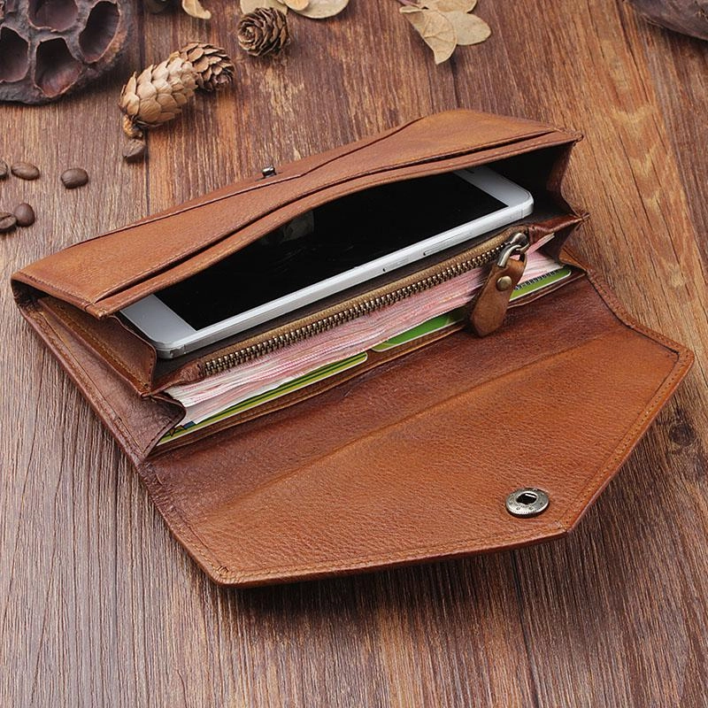 Handmade Leather Mens Cool Long Leather Wallet Bifold Envelope Clutch Wallet for Men