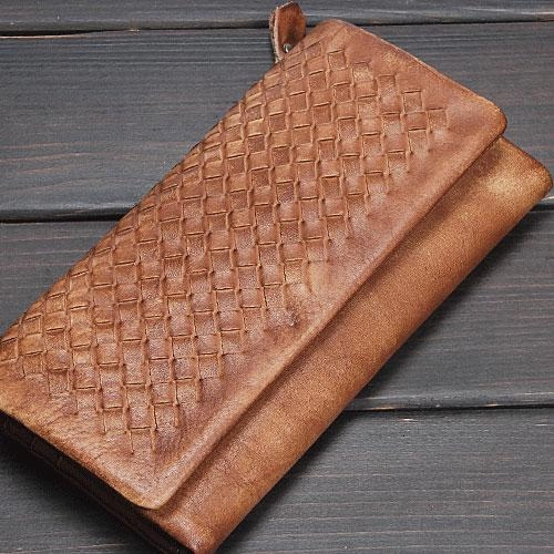 Handmade Leather Mens Cool Long Leather Wallet Trifold Clutch Wallet for Men