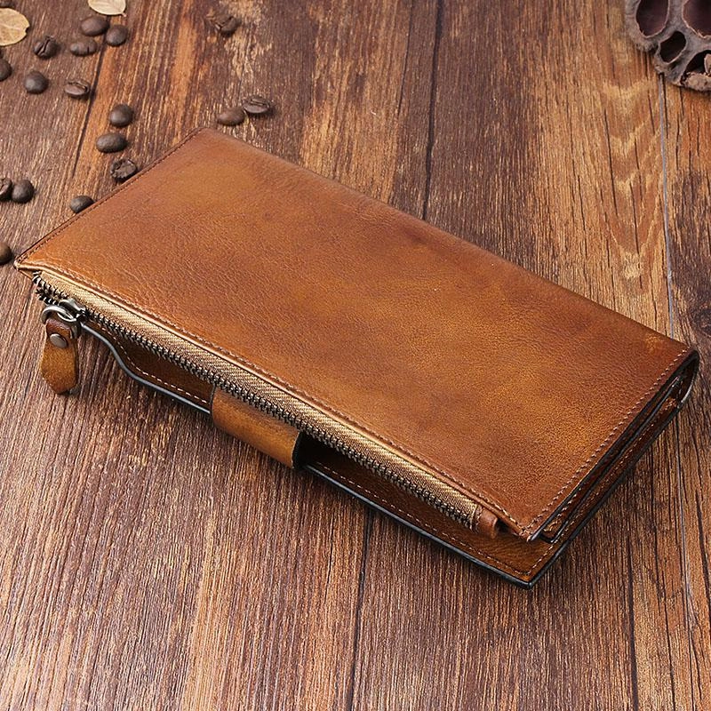 Handmade Leather Mens Cool Long Leather Wallet Wristlet Clutch Wallet for Men