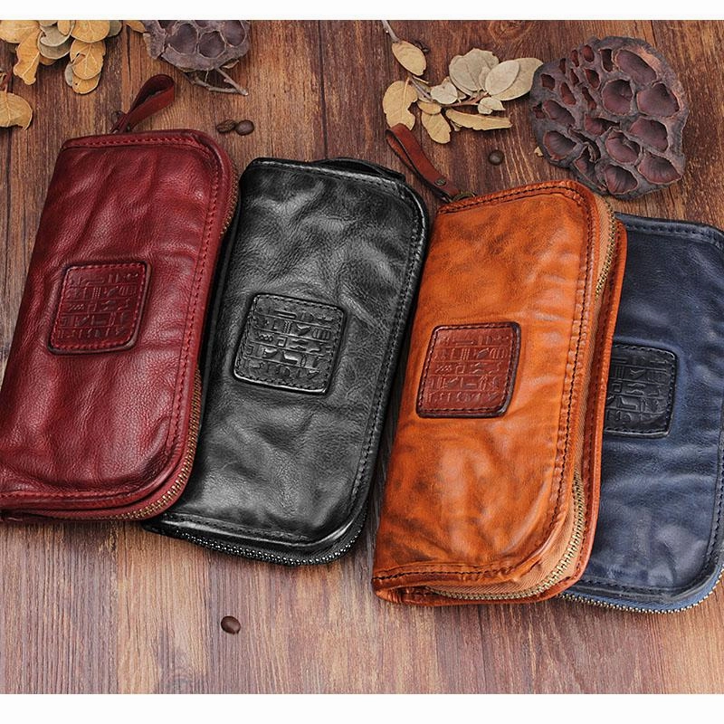 Handmade Leather Mens Cool Long Leather Wallet Zipper Clutch Wallet for Men