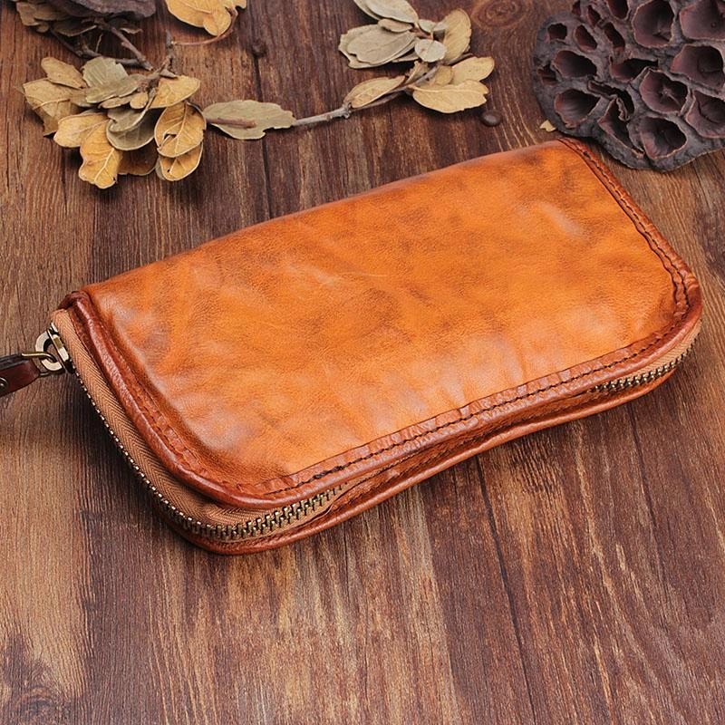Handmade Leather Mens Cool Long Leather Wallet Zipper Clutch Wallet for Men
