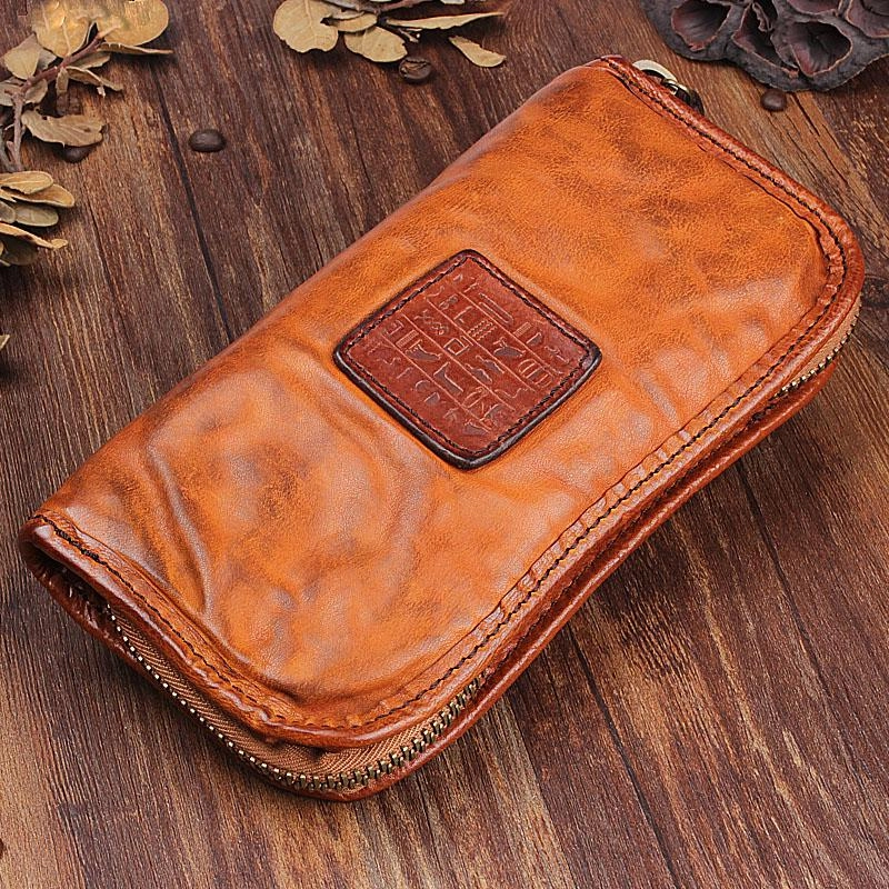 Handmade Leather Mens Cool Long Leather Wallet Zipper Clutch Wallet for Men