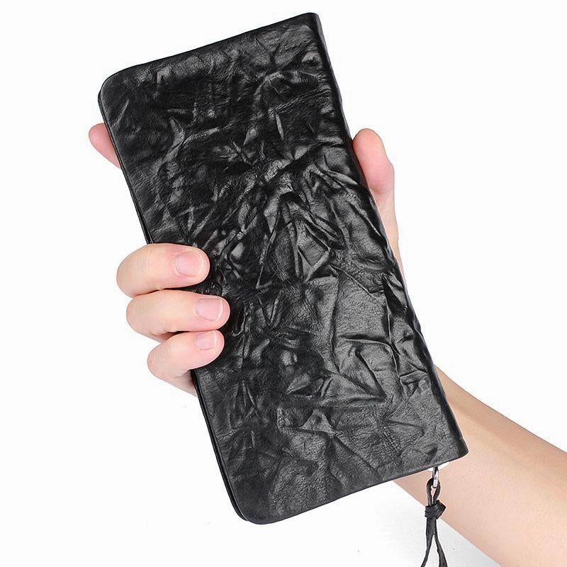 Handmade Leather Mens Cool Long Leather Wallet Zipper Clutch Wallet for Men