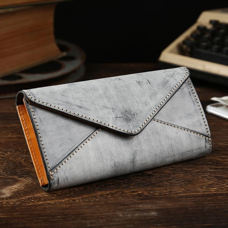 Handmade Leather Mens Gray Envelope Long Wallet Blue Long Wallet Clutch Bag For Men