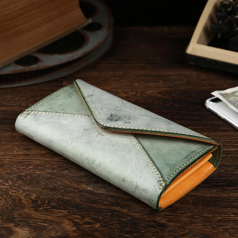 Handmade Leather Mens Gray Envelope Long Wallet Blue Long Wallet Clutch Bag For Men