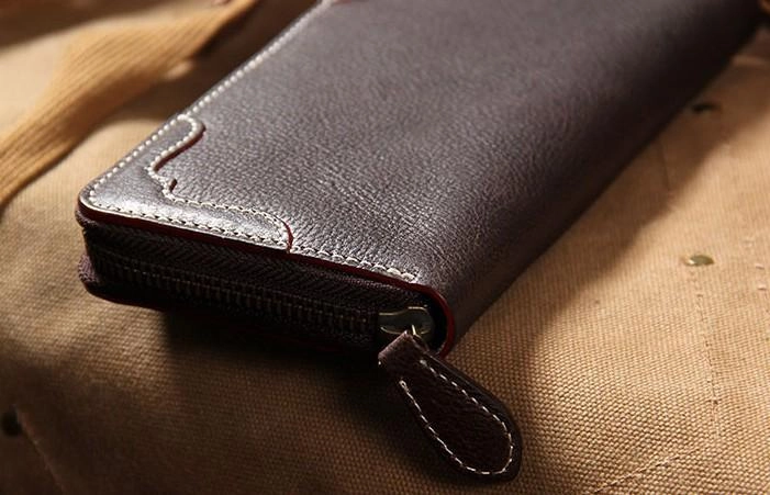 Handmade Leather Mens Long Clutch Wallet Vintage Zipper Wallet for Men