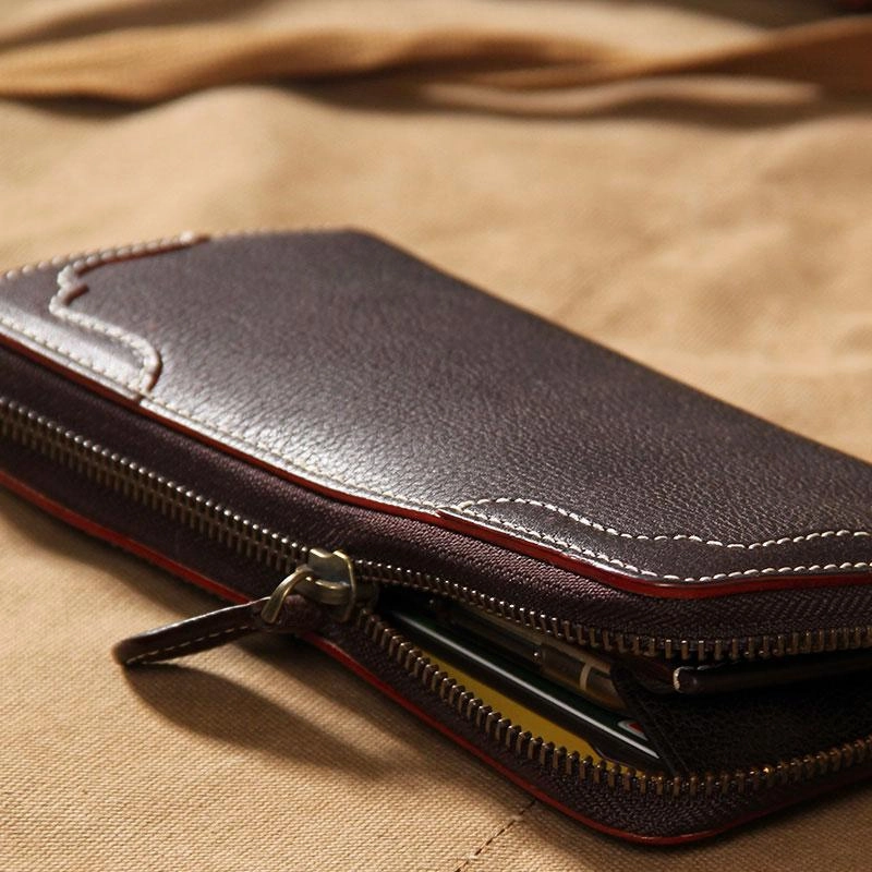 Handmade Leather Mens Long Clutch Wallet Vintage Zipper Wallet for Men