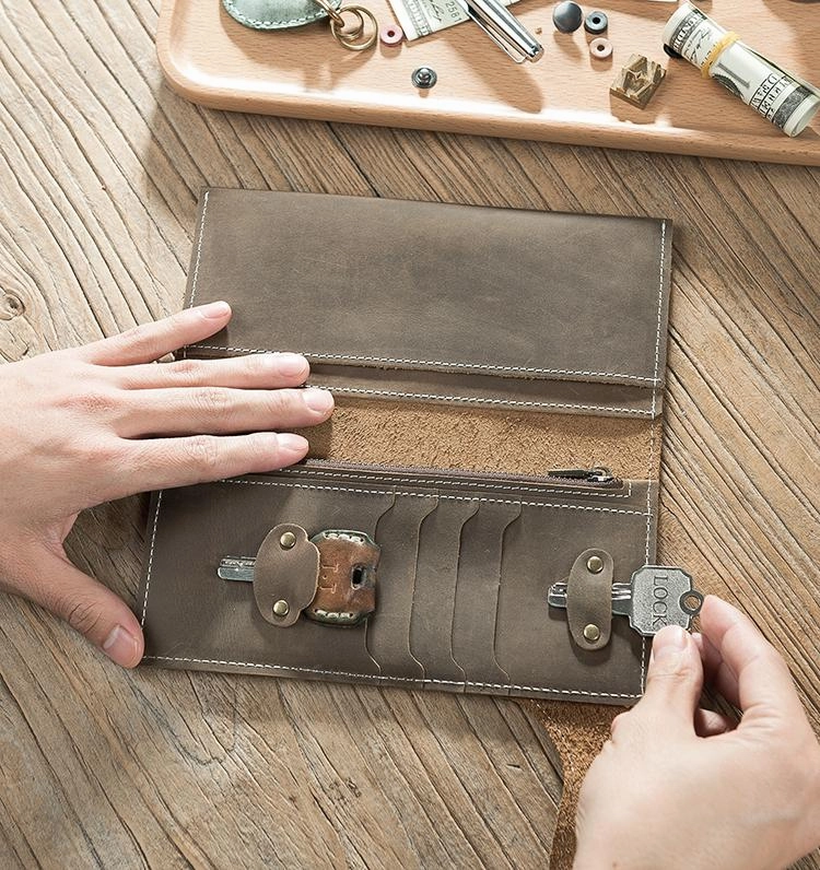 Handmade Leather Mens Slim Wallet Cool Leather Wallet Long Phone Wallets for Men