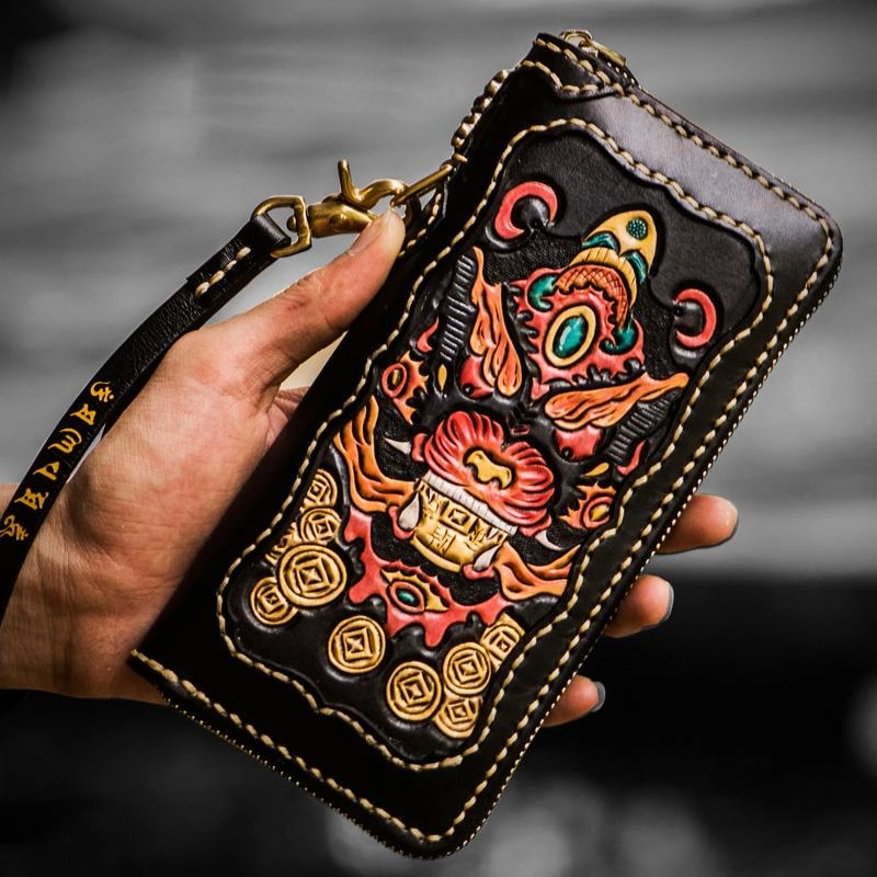 Handmade Leather Mens Tooled Monster Chain Biker Wallet Cool Leather Wallet Long Clutch Wallets for Men