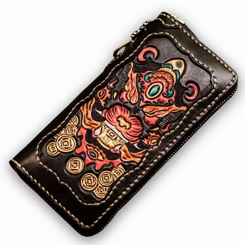 Handmade Leather Mens Tooled Monster Chain Biker Wallet Cool Leather Wallet Long Clutch Wallets for Men