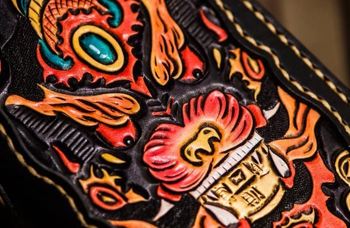 Handmade Leather Mens Tooled Monster Chain Biker Wallet Cool Leather Wallet Long Clutch Wallets for Men