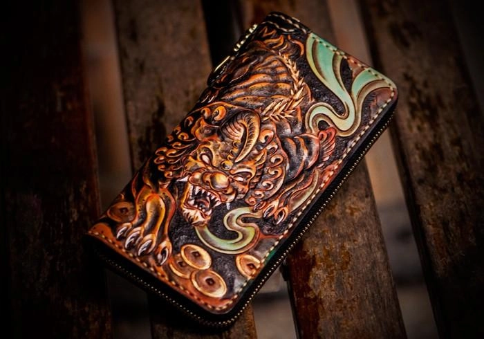 Handmade Leather Mens Tooled Monster Chain Biker Wallets Cool Leather Clutch Wallets Long Wallets for Men