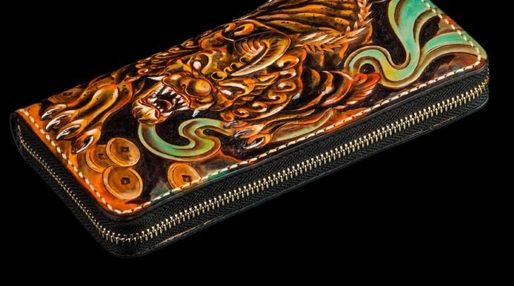 Handmade Leather Mens Tooled Monster Chain Biker Wallets Cool Leather Clutch Wallets Long Wallets for Men