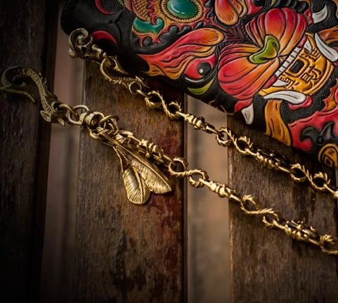 Handmade Leather Monster Mens Chain Biker Wallets Cool Tooled Leather Wallet Long Wallets for Men