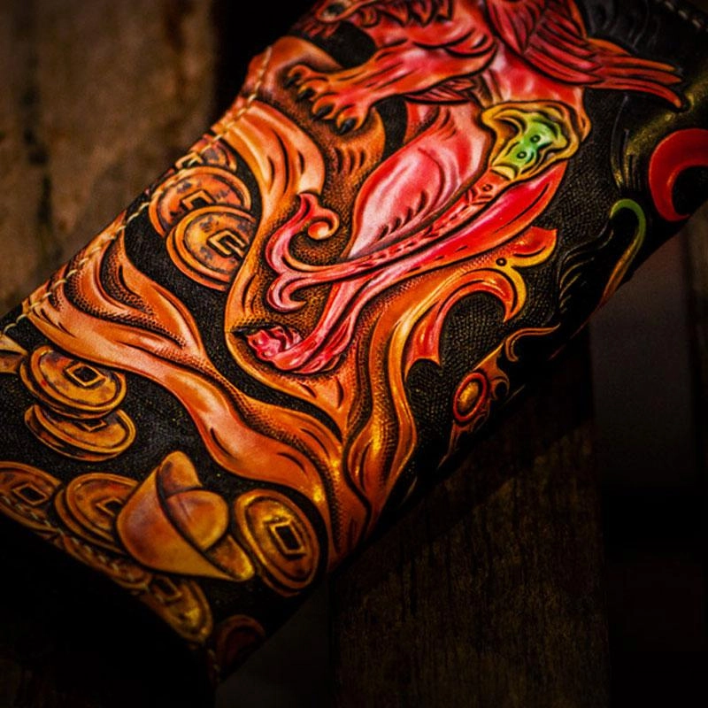 Handmade Leather Monster Mens Chain Biker Wallets Cool Tooled Leather Wallet Long Wallets for Men
