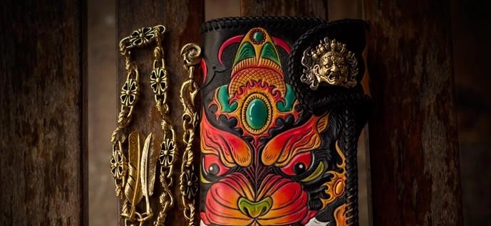 Handmade Leather Monster Mens Chain Biker Wallets Cool Tooled Leather Wallet Long Wallets for Men