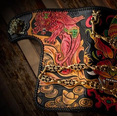 Handmade Leather Monster Mens Chain Biker Wallets Cool Tooled Leather Wallet Long Wallets for Men