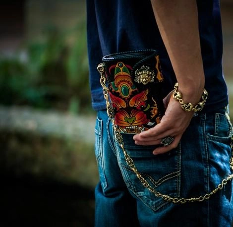 Handmade Leather Monster Mens Chain Biker Wallets Cool Tooled Leather Wallet Long Wallets for Men