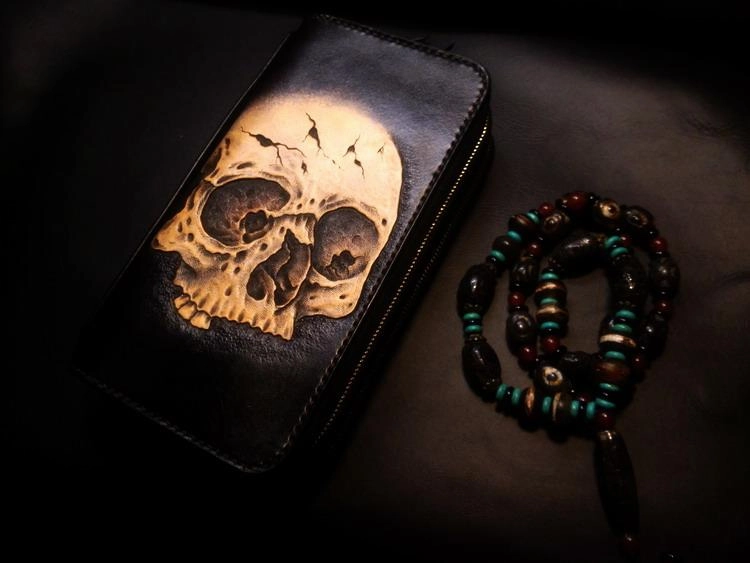 Handmade Leather Skull Double Zipper Mens Long Wallet Clutch Cool Leather Wallet Long Tooled Wallets for Men