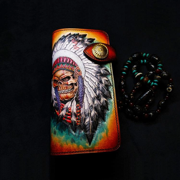 Handmade Leather Skull Indian Mens Chain Wallet Biker Wallet Cool Leather Wallet Long Tooled Wallets for Men