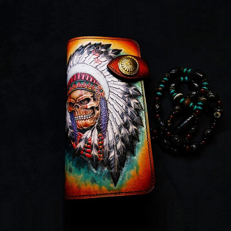 Handmade Leather Skull Indian Mens Chain Wallet Biker Wallet Cool Leather Wallet Long Tooled Wallets for Men