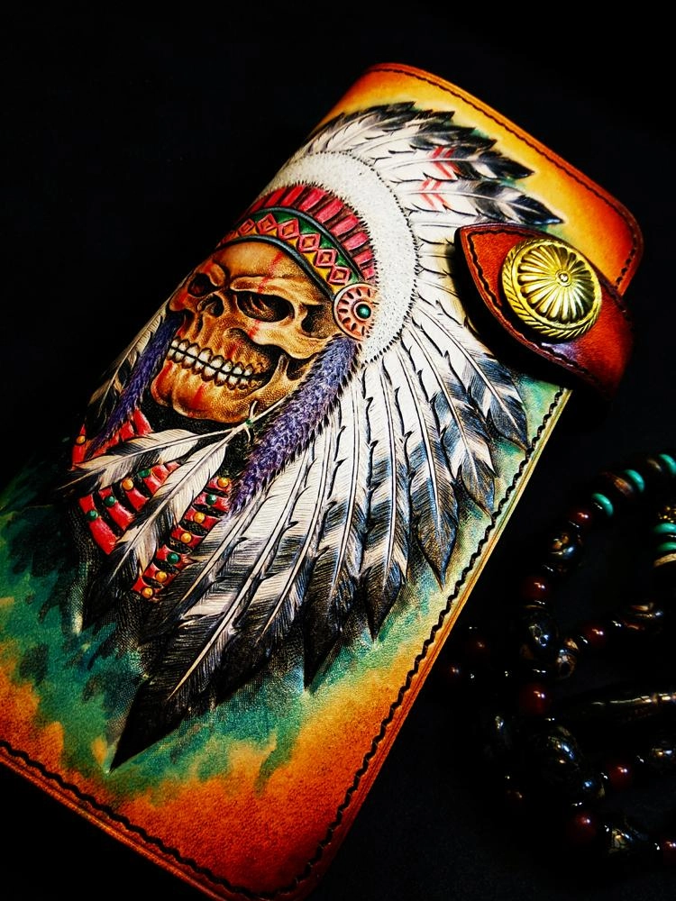 Handmade Leather Skull Indian Mens Chain Wallet Biker Wallet Cool Leather Wallet Long Tooled Wallets for Men