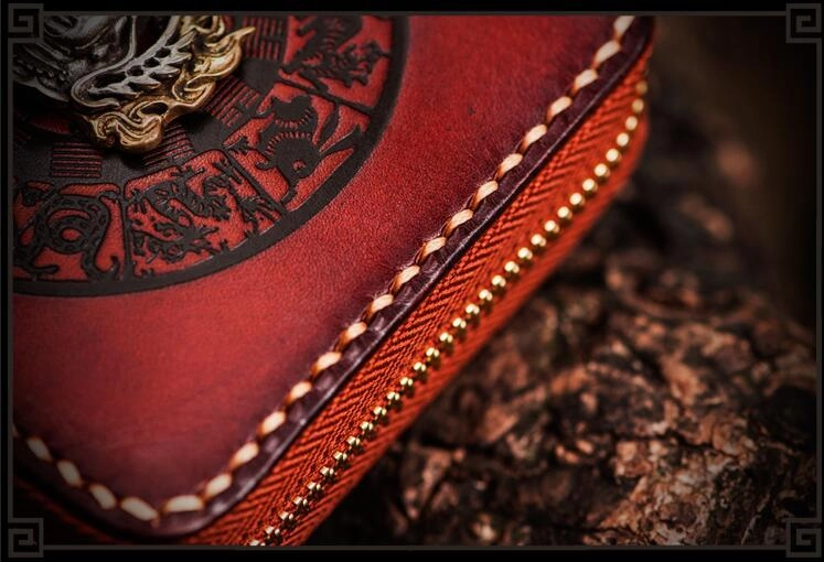Handmade Leather Small Tooled Mens billfold Wallet Cool Chain Wallet Biker Wallets for Men