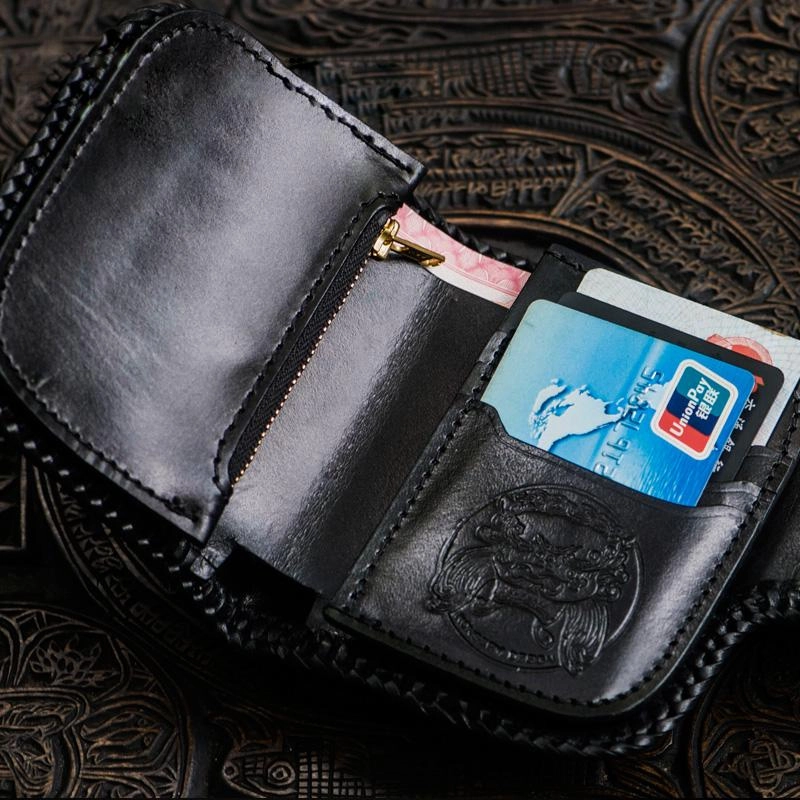Handmade Leather Small Tooled Mens billfold Wallets Cool Chain Wallet Biker Wallet for Men