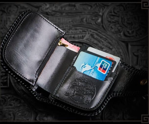 Handmade Leather Small Tooled Mens billfold Wallets Cool Chain Wallet Biker Wallet for Men