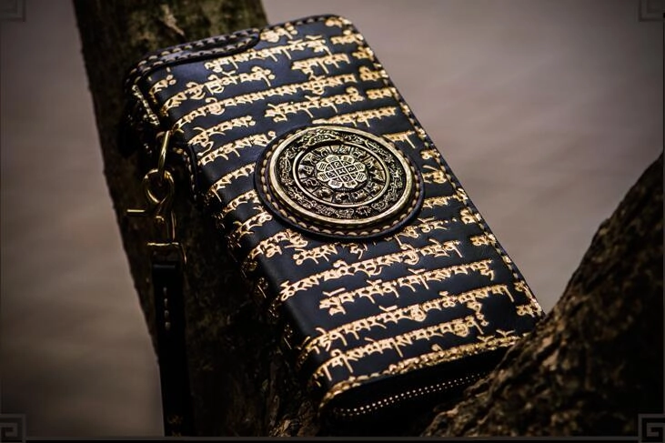 Handmade Leather Tibetan Mens Biker Chain Wallet Cool Leather Wallet Long Clutch Wallets for Men