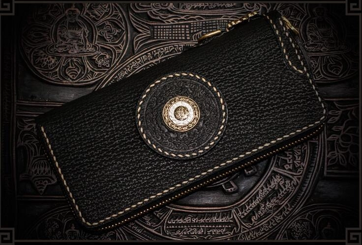 Handmade Leather Tibetan Mens Biker Chain Wallets Cool Leather Wallet Long Chain Wallets for Men