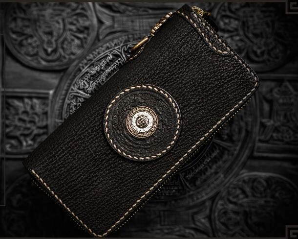 Handmade Leather Tibetan Mens Biker Chain Wallets Cool Leather Wallet Long Chain Wallets for Men