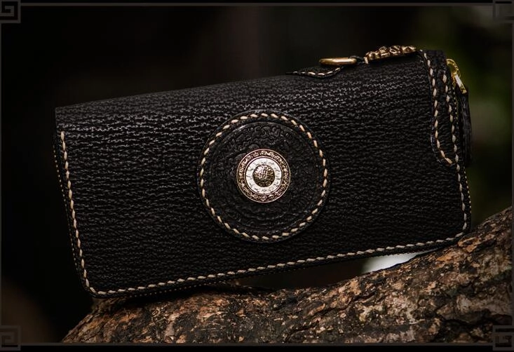 Handmade Leather Tibetan Mens Biker Chain Wallets Cool Leather Wallet Long Chain Wallets for Men