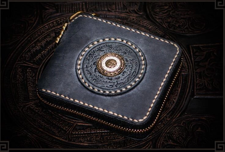 Handmade Leather Tibetan Mens billfold Wallet Cool Chain Wallet Biker Wallet for Men