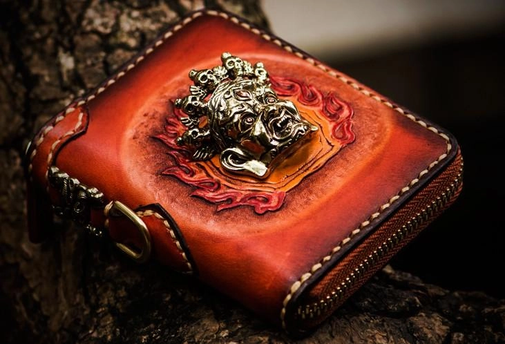 Handmade Leather Tibetan Mens billfold Wallets Cool Chain Wallet Small Biker Wallet for Men