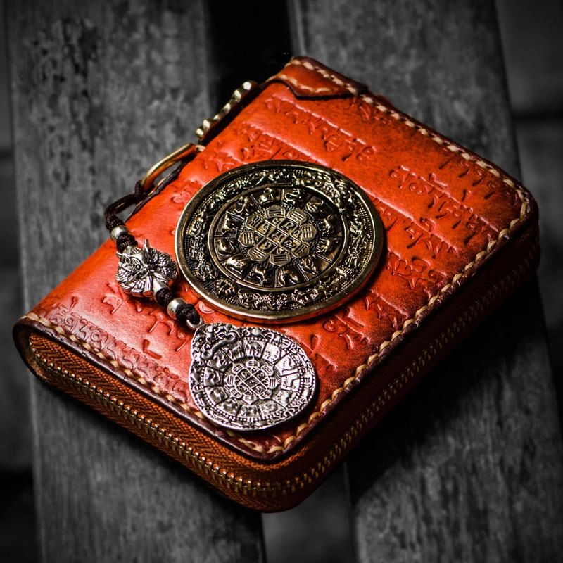 Handmade Leather Tibetan Tooled Mens billfold Wallet Cool Chain Wallet Small Biker Wallets for Men