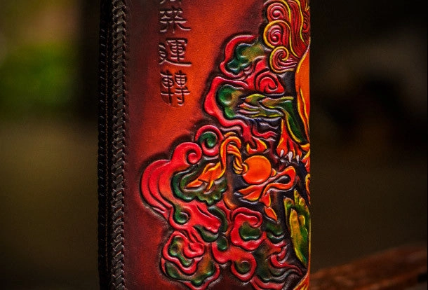 Handmade leather Tonlion clutch zip long wallet black leather men Tooled