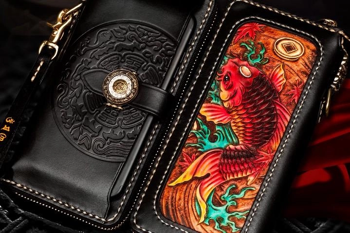 Handmade Leather Tooled Carp Chain Wallet Mens Biker Wallet Cool Leather Wallet Long Phone Wallets for Men