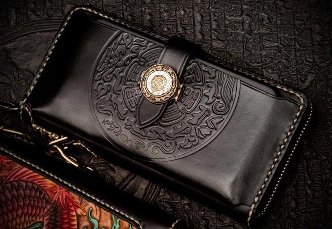 Handmade Leather Tooled Carp Chain Wallet Mens Biker Wallet Cool Leather Wallet Long Phone Wallets for Men