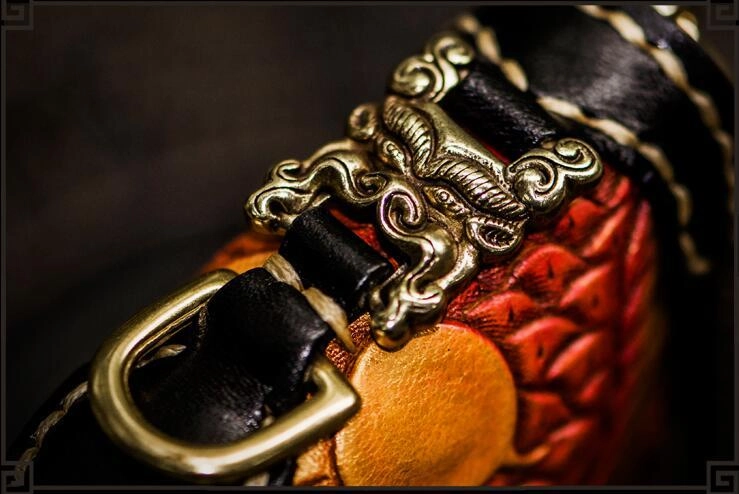 Handmade Leather Tooled Carp Mens Biker Chain Wallets Cool Leather Wallet Long Chain Wallets for Men