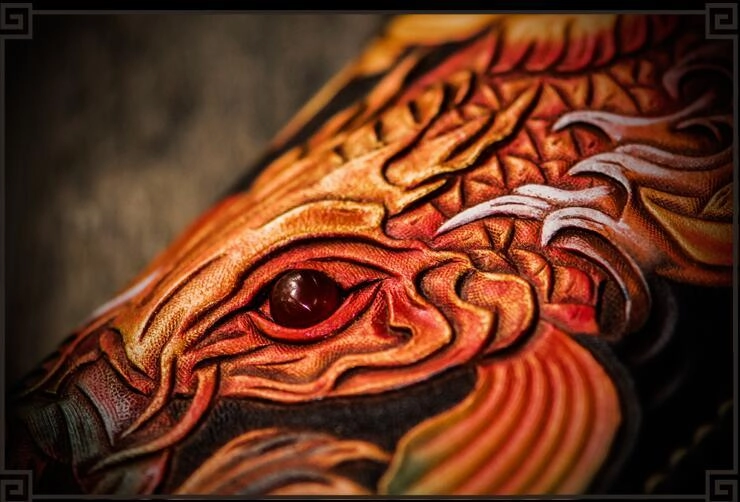Handmade Leather Tooled Carp Mens Biker Chain Wallets Cool Leather Wallet Long Chain Wallets for Men