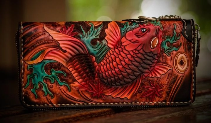 Handmade Leather Tooled Carp Mens Chain Biker Wallets Cool Leather Wallet Long Wallets for Men