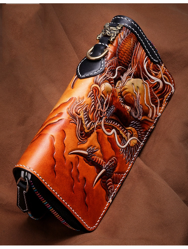 Handmade Leather Tooled Chinese Dragon Tiger Mens Chain Biker Wallet Cool Leather Wallet Zipper Long Phone Wallets for Men