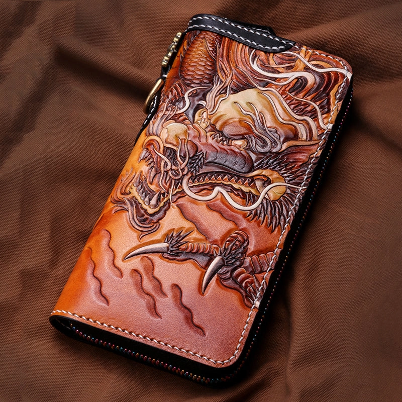 Handmade Leather Tooled Chinese Dragon Tiger Mens Chain Biker Wallet Cool Leather Wallet Zipper Long Phone Wallets for Men