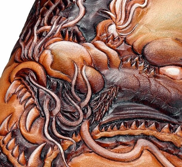 Handmade Leather Tooled Chinese Dragon Tiger Mens Chain Biker Wallet Cool Leather Wallet Zipper Long Phone Wallets for Men