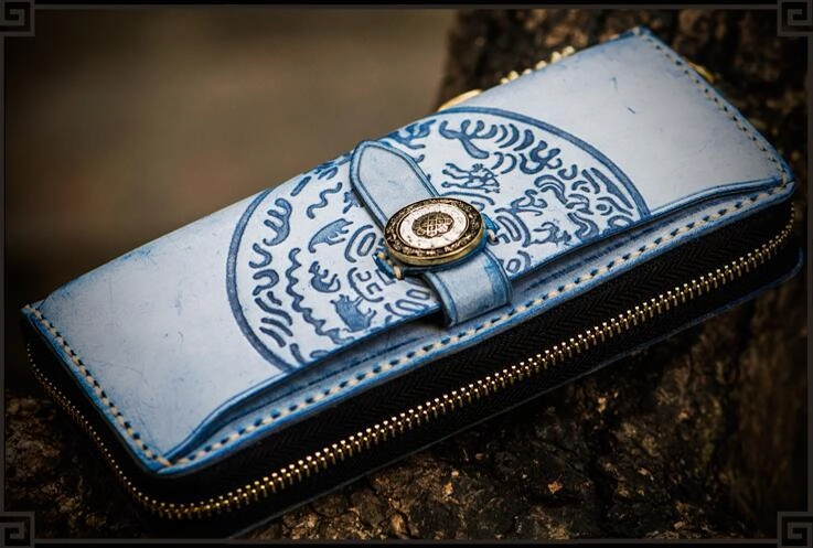 Handmade Leather Tooled Tibetan Mens Chain Biker Wallet Cool Leather Wallet Long Phone Wallets for Men
